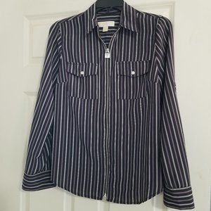 Rarely used. Blue, purple, white striped collar top. Excellent condition.